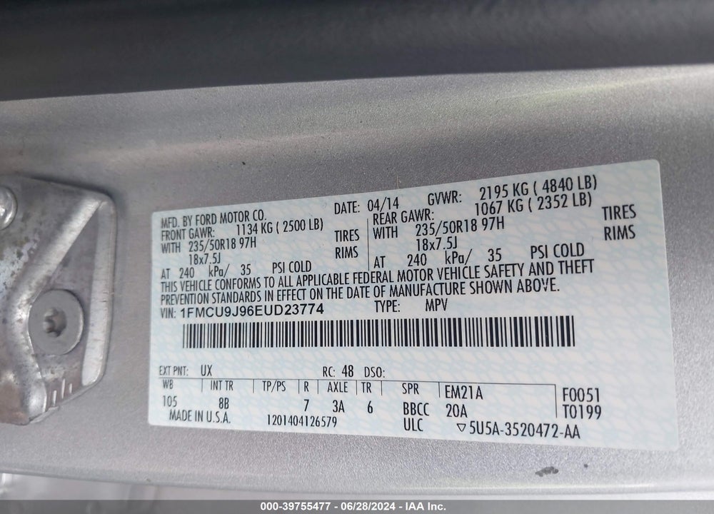 2014 FORD ESCAPE TITANIUM VIN: 1FMCU9J96EUD23774