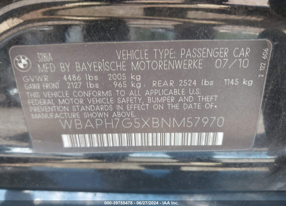 2011 BMW 328I VIN: WBAPH7G5XBNM57970