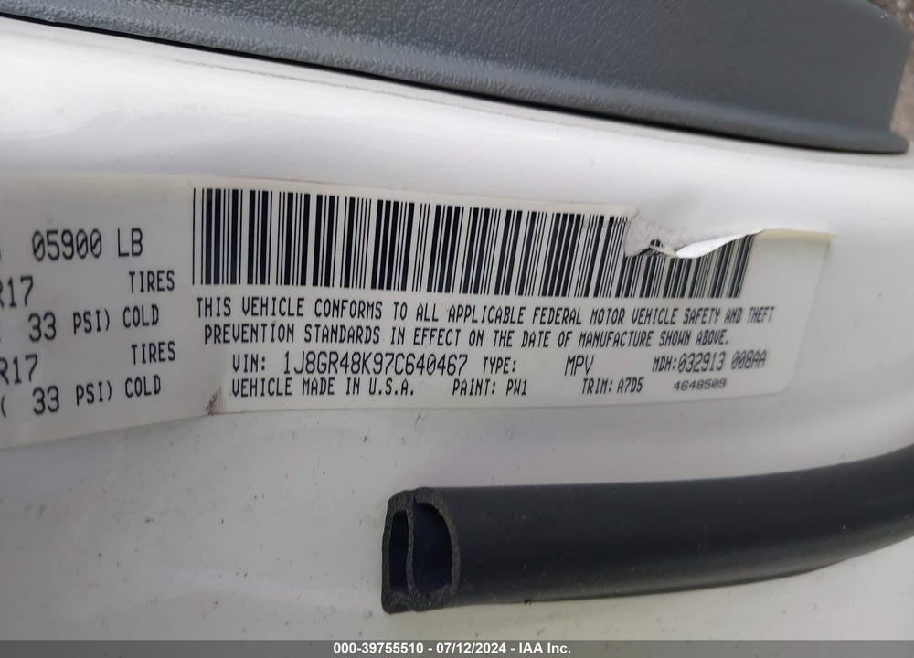 2007 JEEP GRAND CHEROKEE LAREDO VIN: 1J8GR48K97C640467
