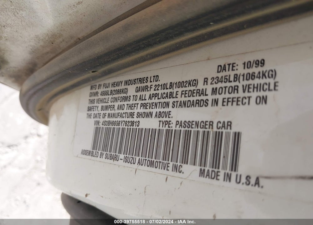 2000 SUBARU OUTBACK VIN: 4S3BH6656Y7623813