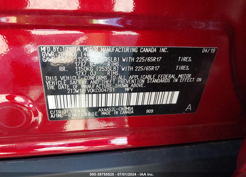 2019 TOYOTA RAV4 XLE VIN: 2T3W1RFV0KC004791