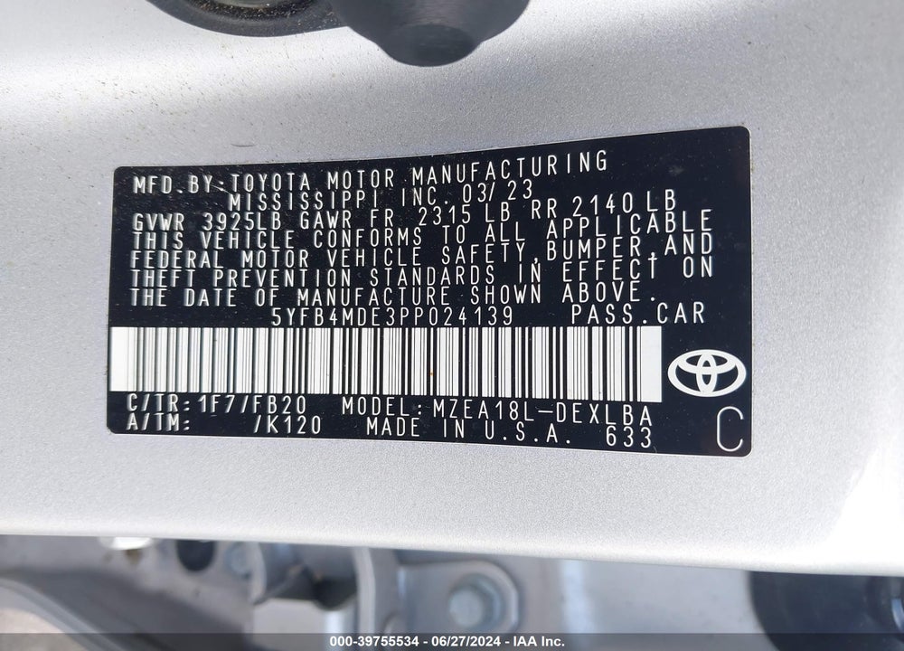 2023 TOYOTA COROLLA LE VIN: 5YFB4MDE3PP024139