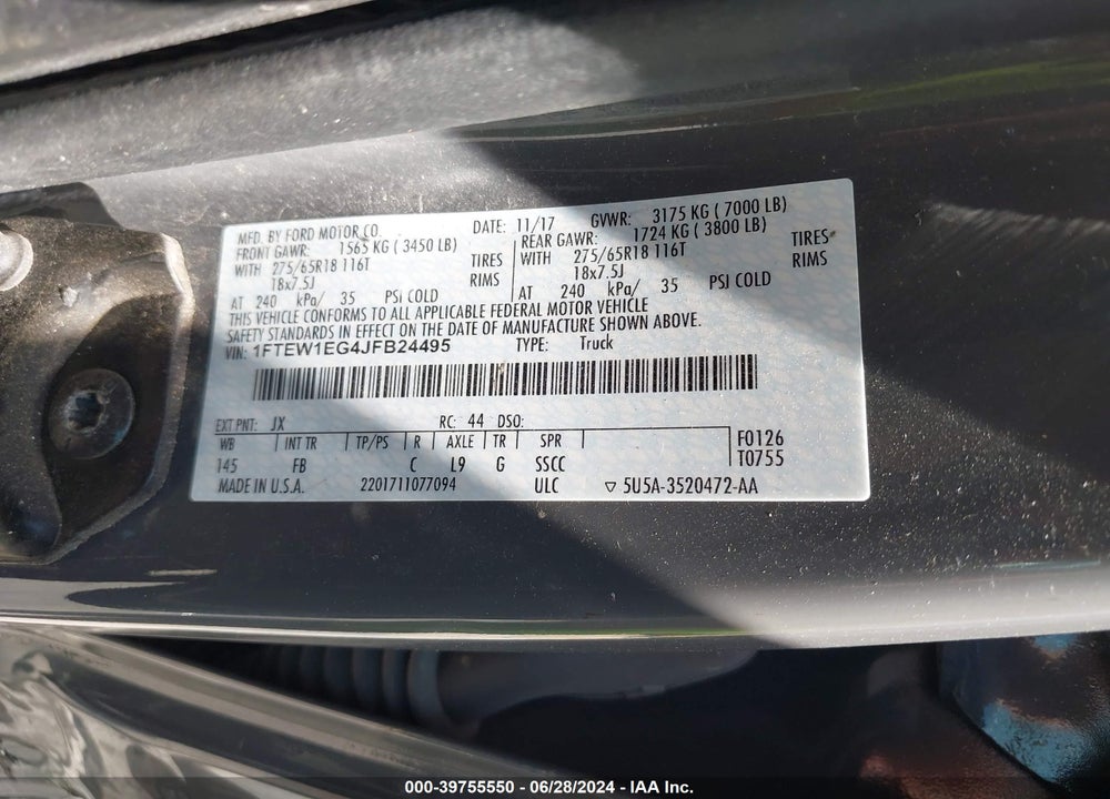 2018 FORD F-150 XLT VIN: 1FTEW1EG4JFB24495