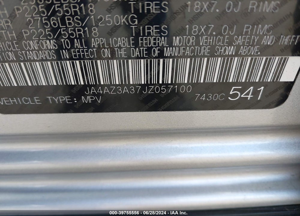 2018 MITSUBISHI OUTLANDER ES VIN: JA4AZ3A37JZ057100
