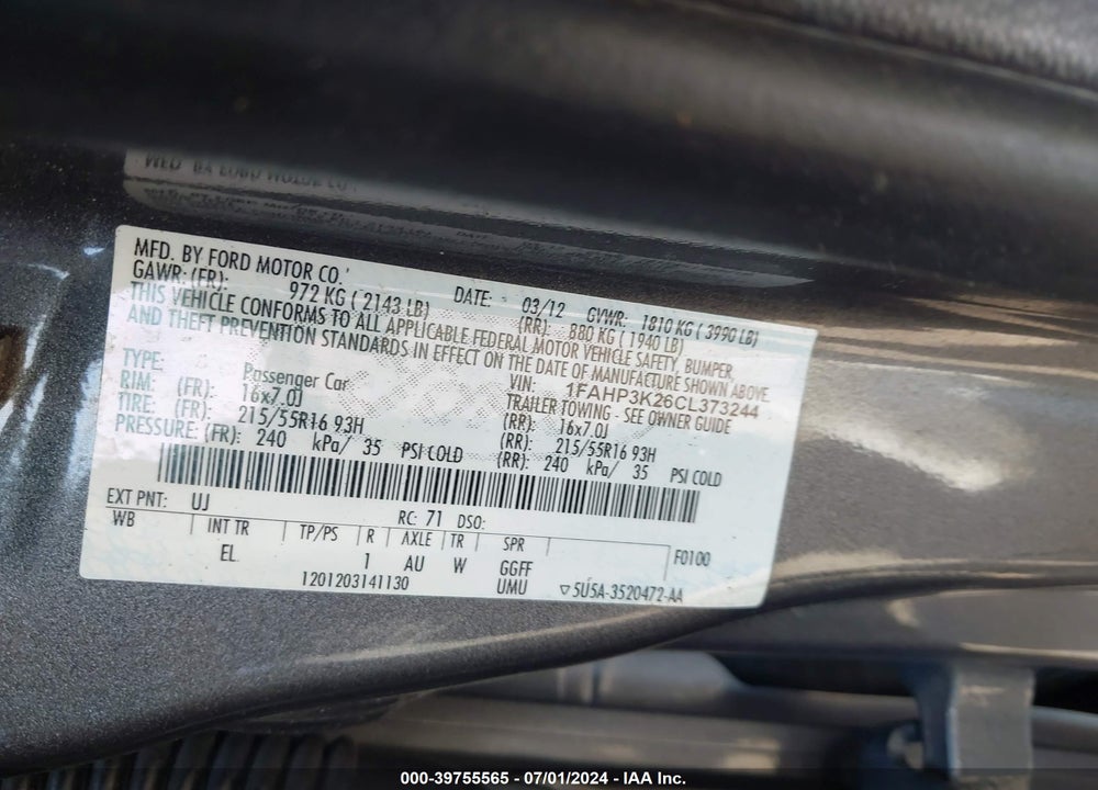 2012 FORD FOCUS SE VIN: 1FAHP3K26CL373244