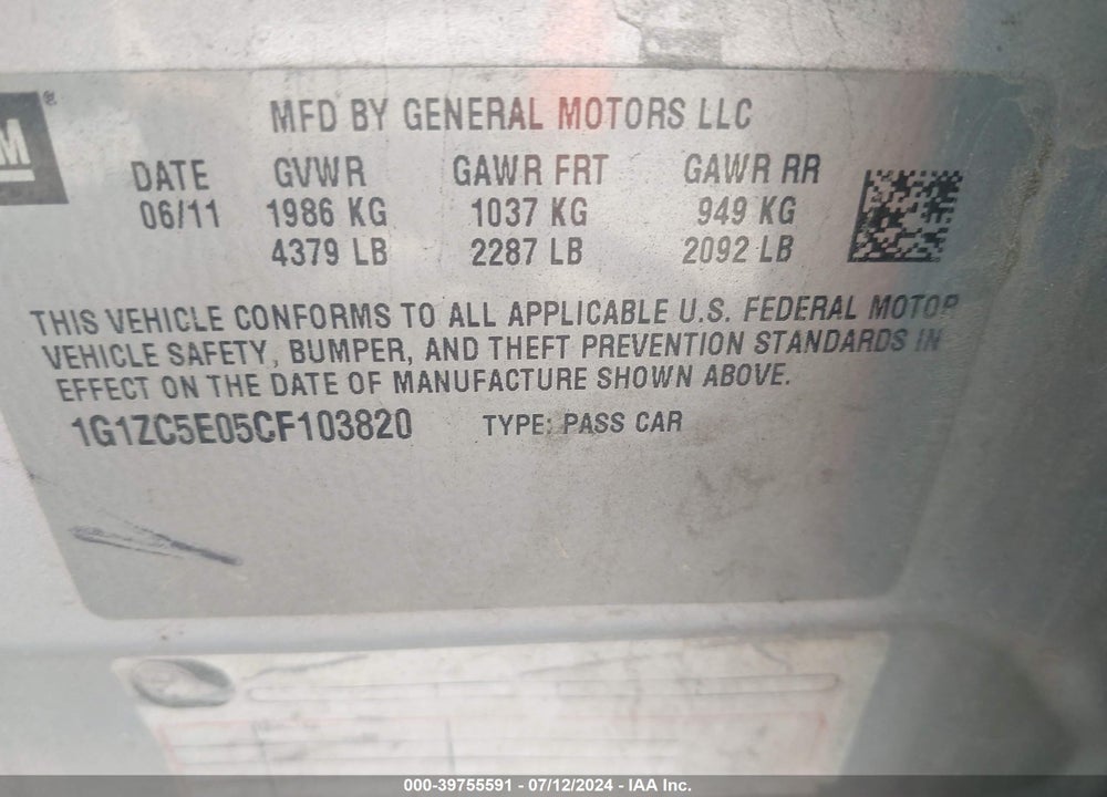 2012 CHEVROLET MALIBU VIN: 1G1ZC5E05CF103820