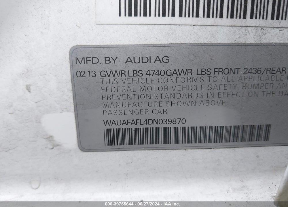2013 AUDI A4 2.0T PREMIUM VIN: WAUAFAFL4DN039870