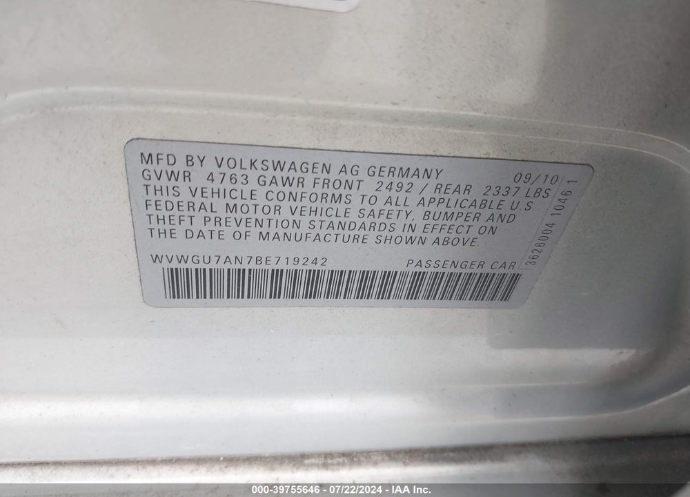 2011 VOLKSWAGEN CC VR6 EXECUTIVE VIN: WVWGU7AN7BE719242
