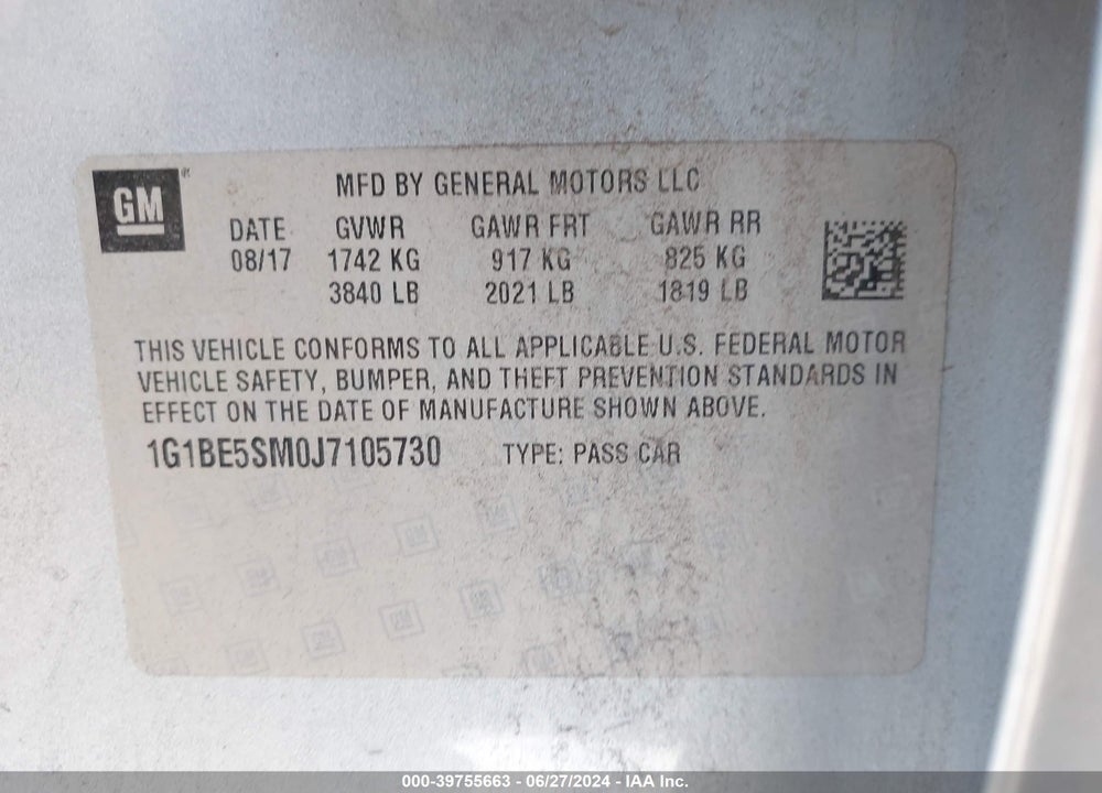 2018 CHEVROLET CRUZE LT AUTO VIN: 1G1BE5SM0J7105730