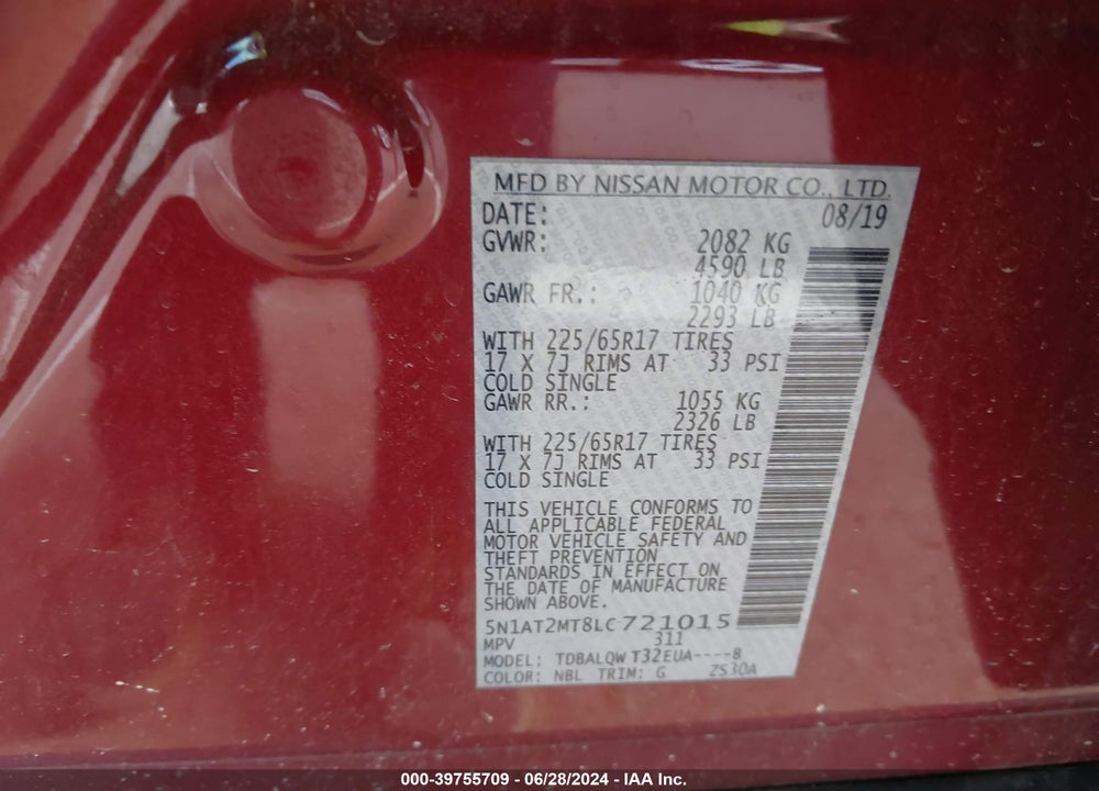 2020 NISSAN ROGUE SV FWD VIN: 5N1AT2MT8LC721015