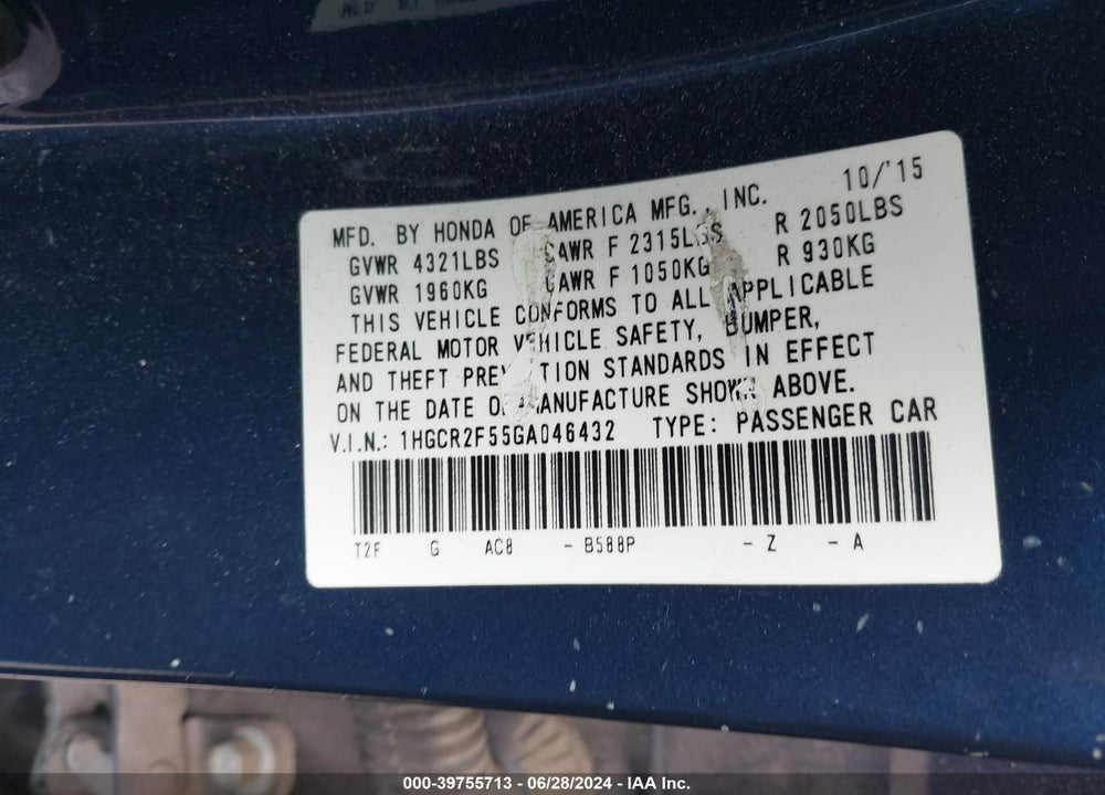 2016 HONDA ACCORD SPORT VIN: 1HGCR2F55GA046432