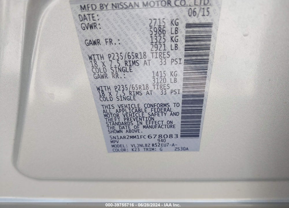 2015 NISSAN PATHFINDER S VIN: 5N1AR2MM1FC678083