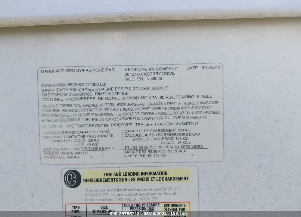 2011 KEYSTONE AVALANCHE 340TG VIN: 4YDF34021BE760189