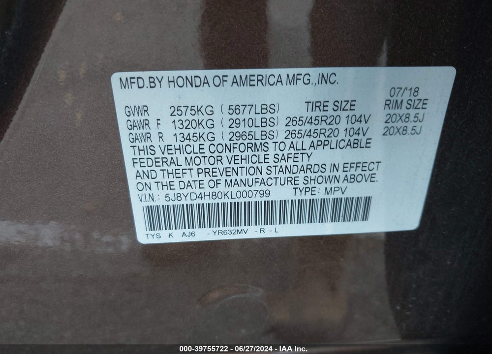 2019 ACURA MDX ADVANCE PKG VIN: 5J8YD4H80KL000799