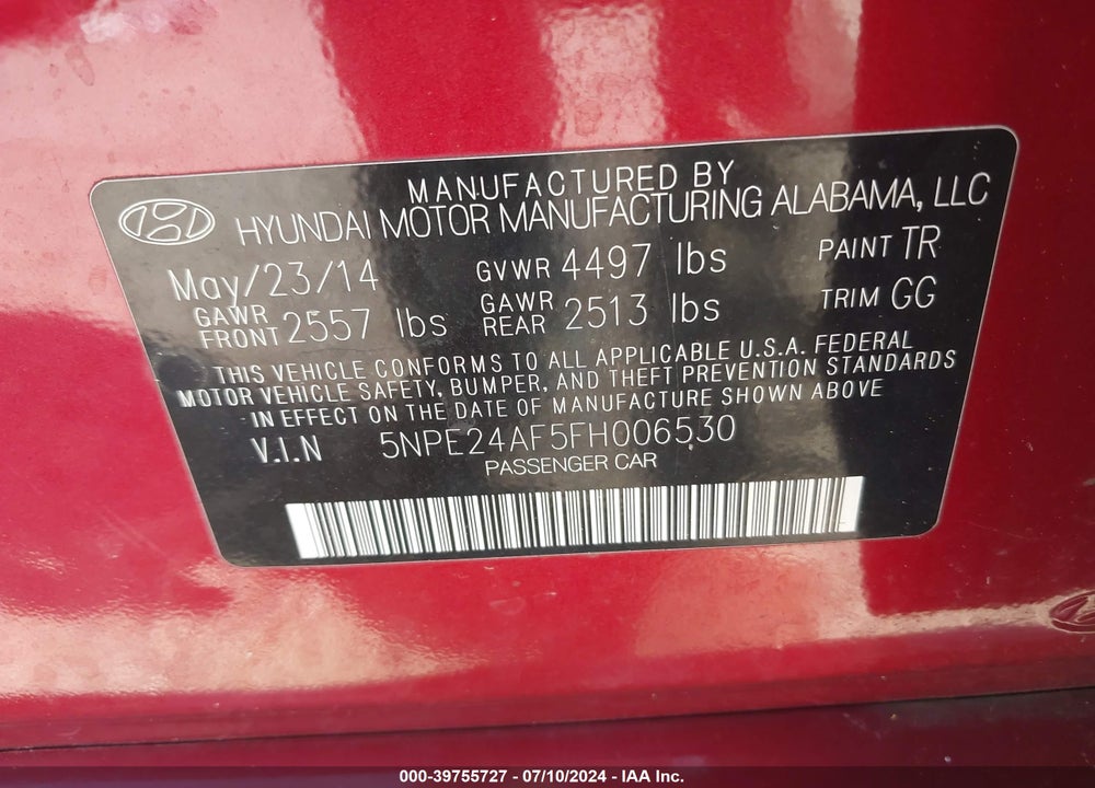 2015 HYUNDAI SONATA SE VIN: 5NPE24AF5FH006530
