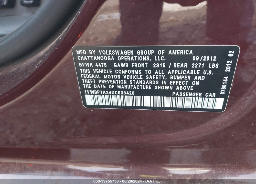 2013 VOLKSWAGEN PASSAT 2.5L SE VIN: 1VWBP7A34DC033428