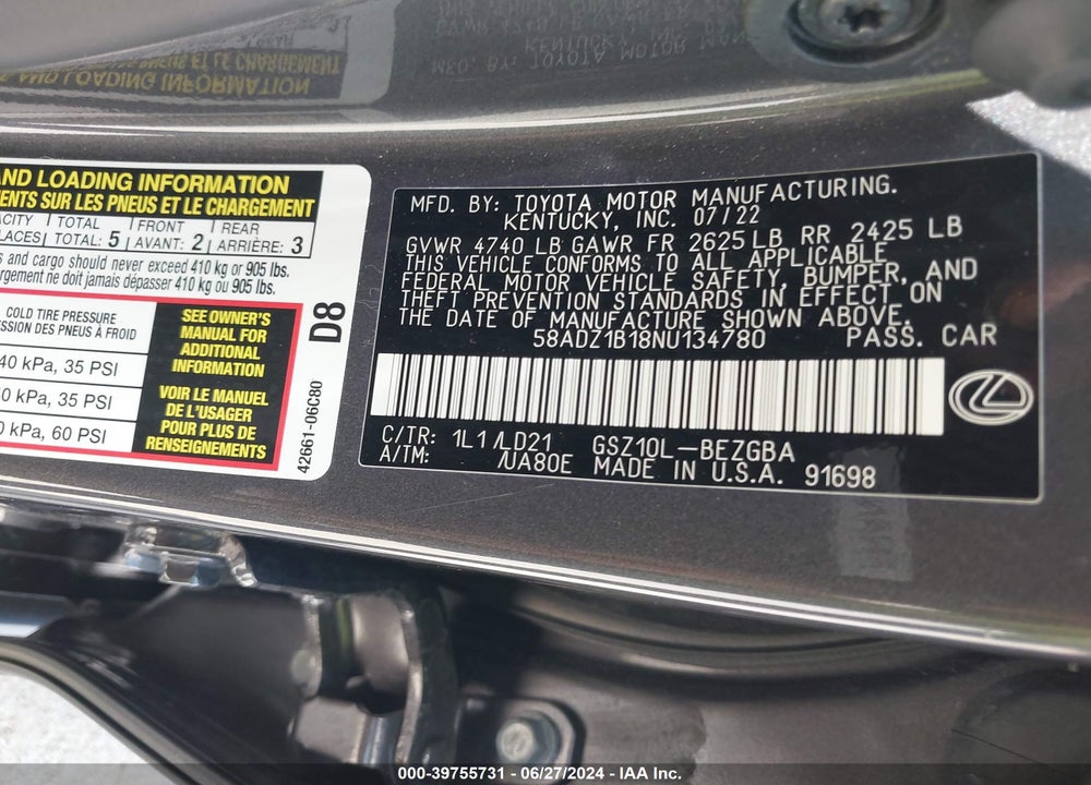 2022 LEXUS ES 350 VIN: 58ADZ1B18NU134780