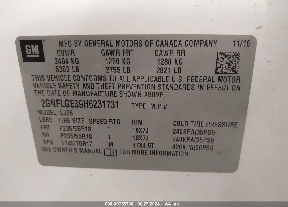 2017 CHEVROLET EQUINOX PREMIER VIN: 2GNFLGE39H6231731