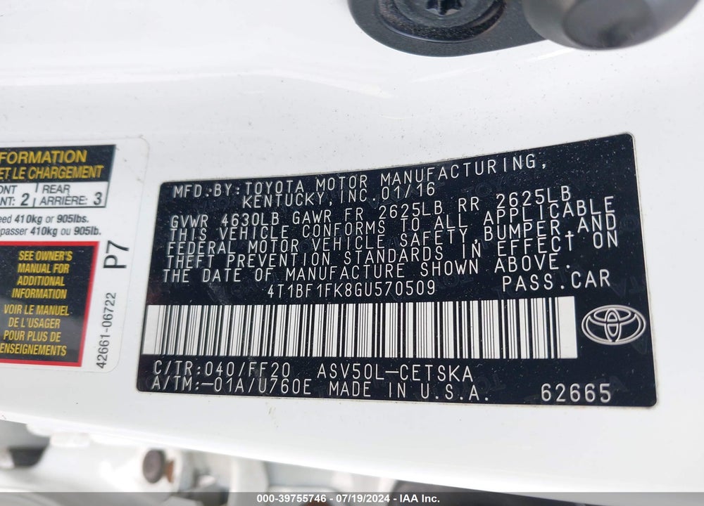 2016 TOYOTA CAMRY SE VIN: 4T1BF1FK8GU570509