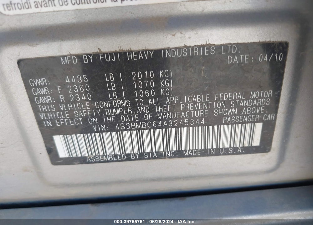 2010 SUBARU LEGACY 2.5I PREMIUM VIN: 4S3BMBC64A3245344