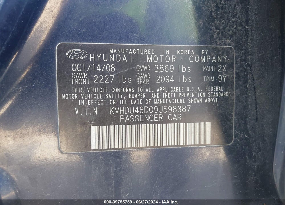 2009 HYUNDAI ELANTRA GLS VIN: KMHDU46D09U598387