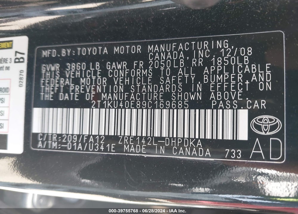 2009 TOYOTA MATRIX VIN: 2T1KU40E89C169685
