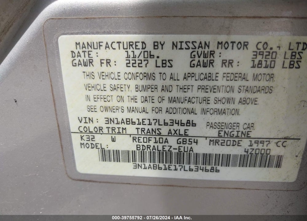 2007 NISSAN SENTRA 2.0S VIN: 3N1AB61E17L634686