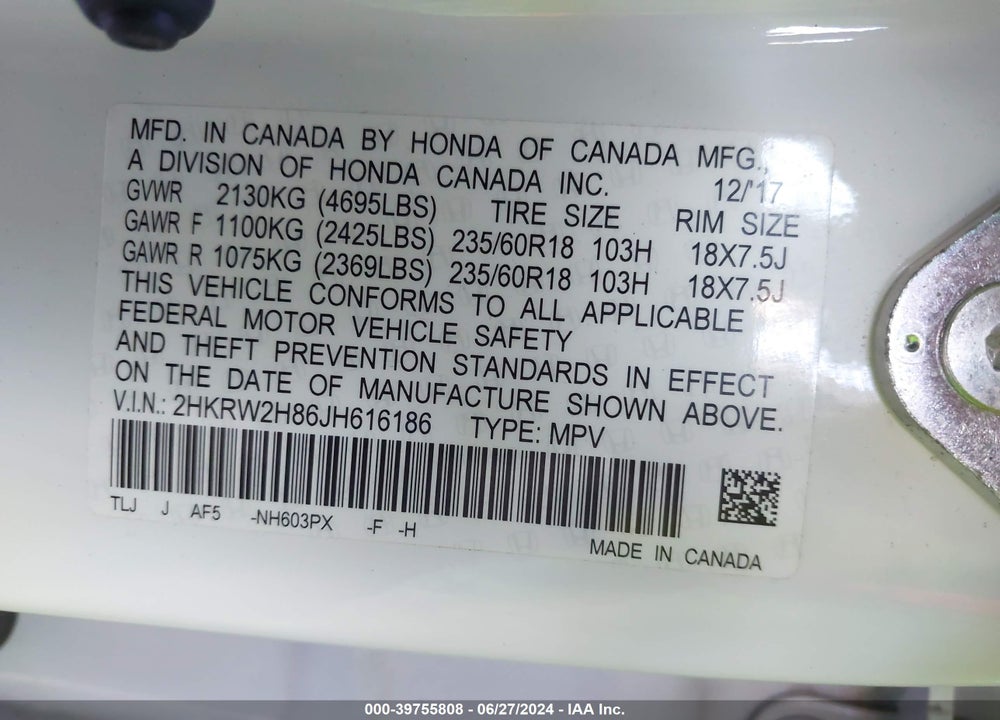 2018 HONDA CR-V EX-L/EX-L NAVI VIN: 2HKRW2H86JH616186