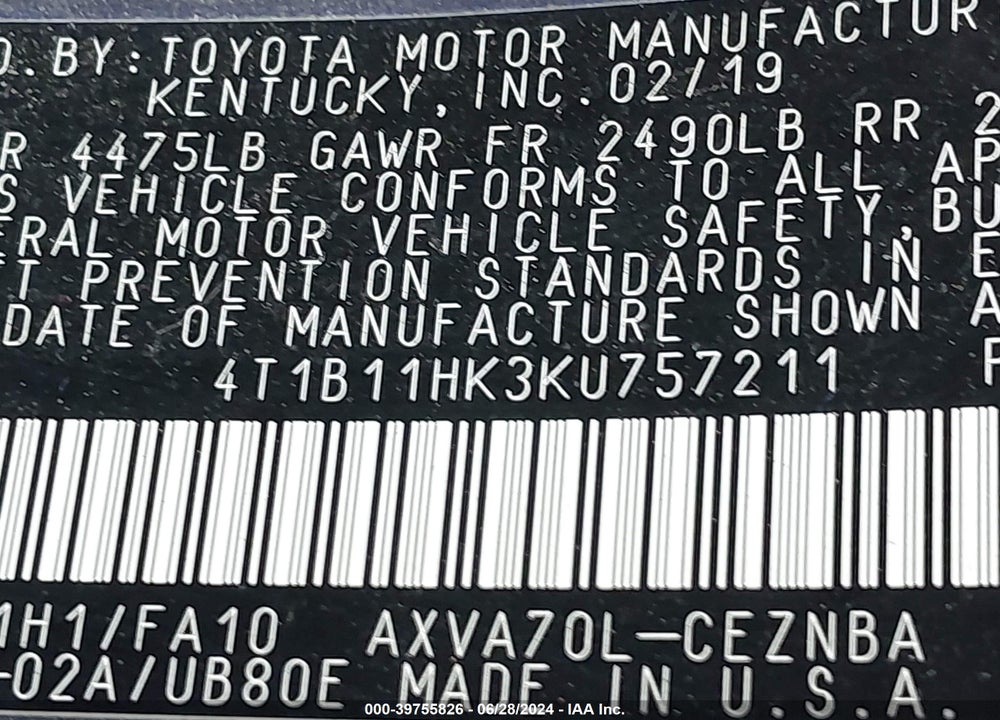 2019 TOYOTA CAMRY LE VIN: 4T1B11HK3KU757211