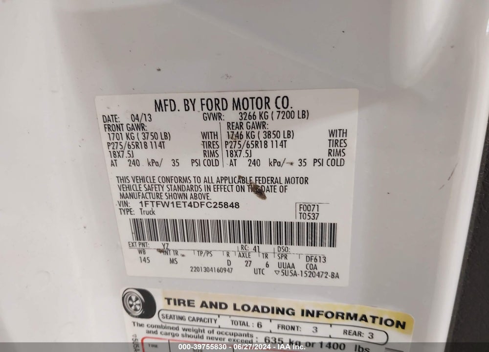 2013 FORD F-150 VIN: 1FTFW1ET4DFC25848