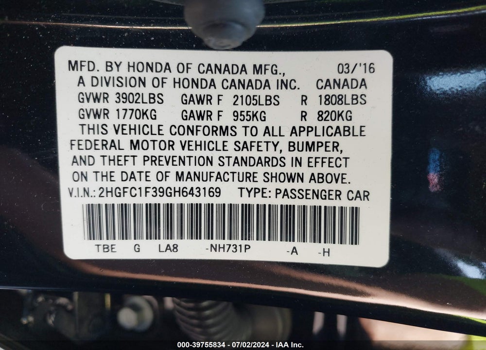 2016 HONDA CIVIC EX-T VIN: 2HGFC1F39GH643169