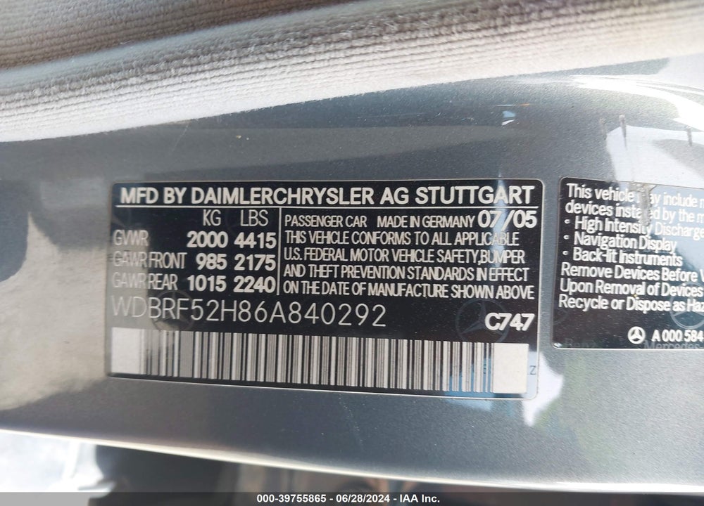 2006 MERCEDES-BENZ C 230 SPORT VIN: WDBRF52H86A840292