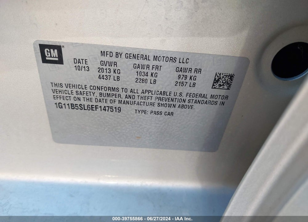 2014 CHEVROLET MALIBU 1LS VIN: 1G11B5SL6EF147519