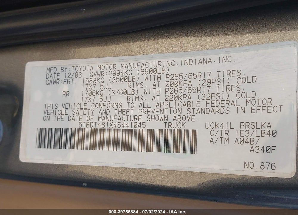2004 TOYOTA TUNDRA LIMITED V8 VIN: 5TBDT481X4S441045