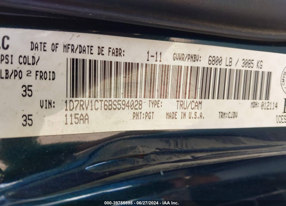 2011 RAM 1500 SPORT VIN: 1D7RV1CT6BS594028