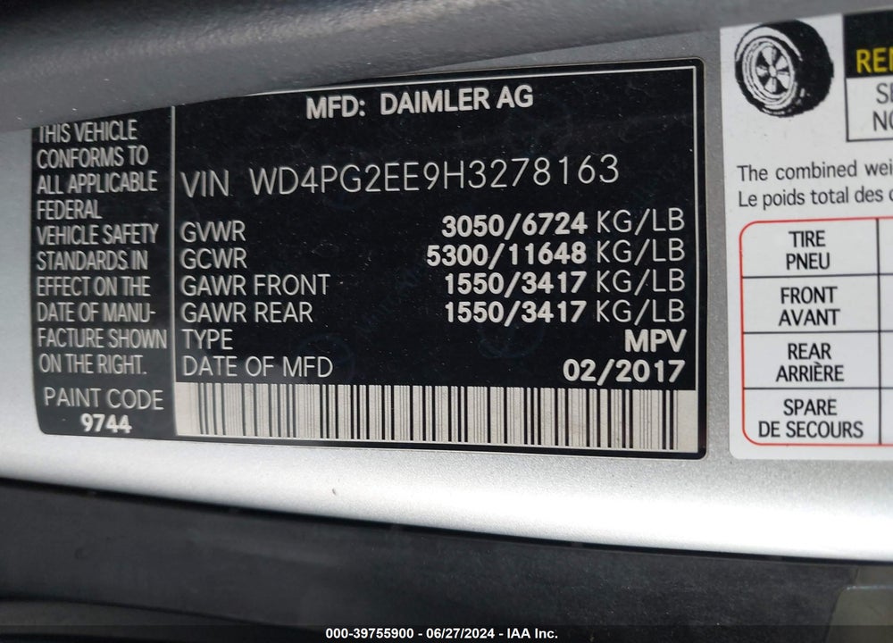 2017 MERCEDES-BENZ METRIS VIN: WD4PG2EE9H3278163