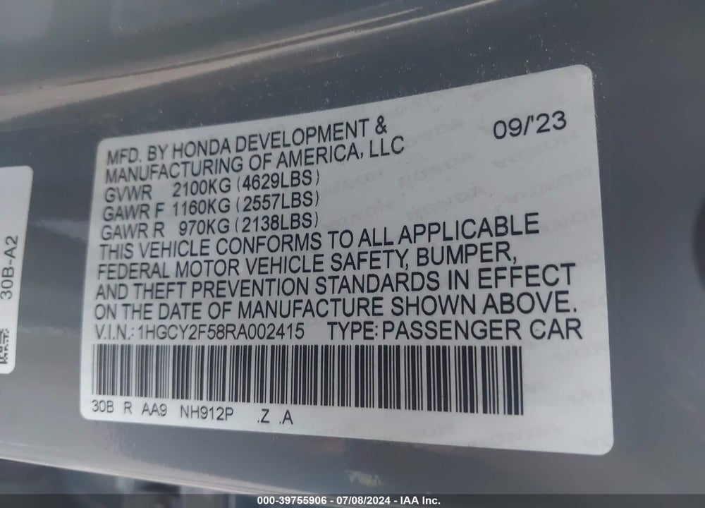 2024 HONDA ACCORD HYBRID SPORT VIN: 1HGCY2F58RA002415