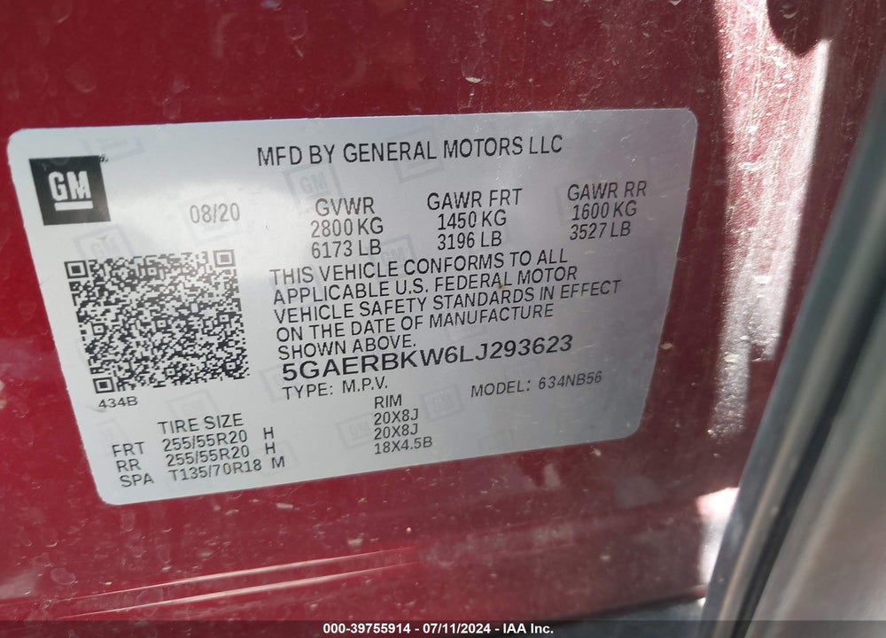 2020 BUICK ENCLAVE FWD ESSENCE VIN: 5GAERBKW6LJ293623