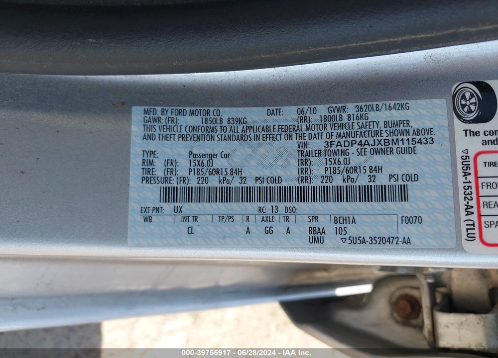 2011 FORD FIESTA S VIN: 3FADP4AJXBM115433