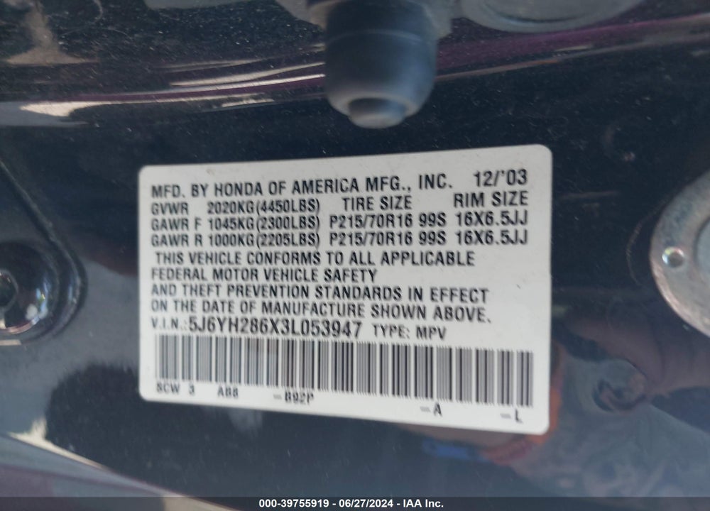 2003 HONDA ELEMENT EX VIN: 5J6YH286X3L053947