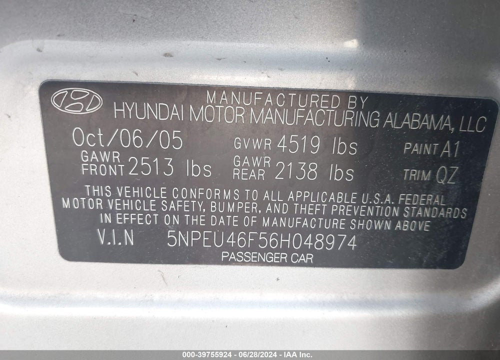 2006 HYUNDAI SONATA GLS V6/LX V6 VIN: 5NPEU46F56H048974