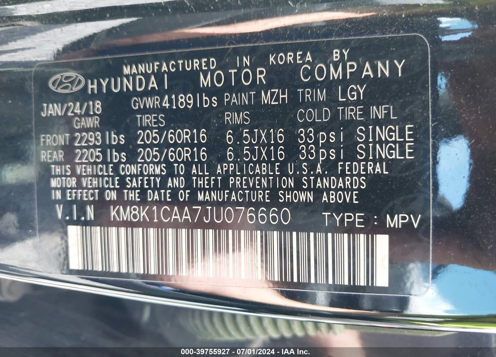 2018 HYUNDAI KONA SE VIN: KM8K1CAA7JU076660