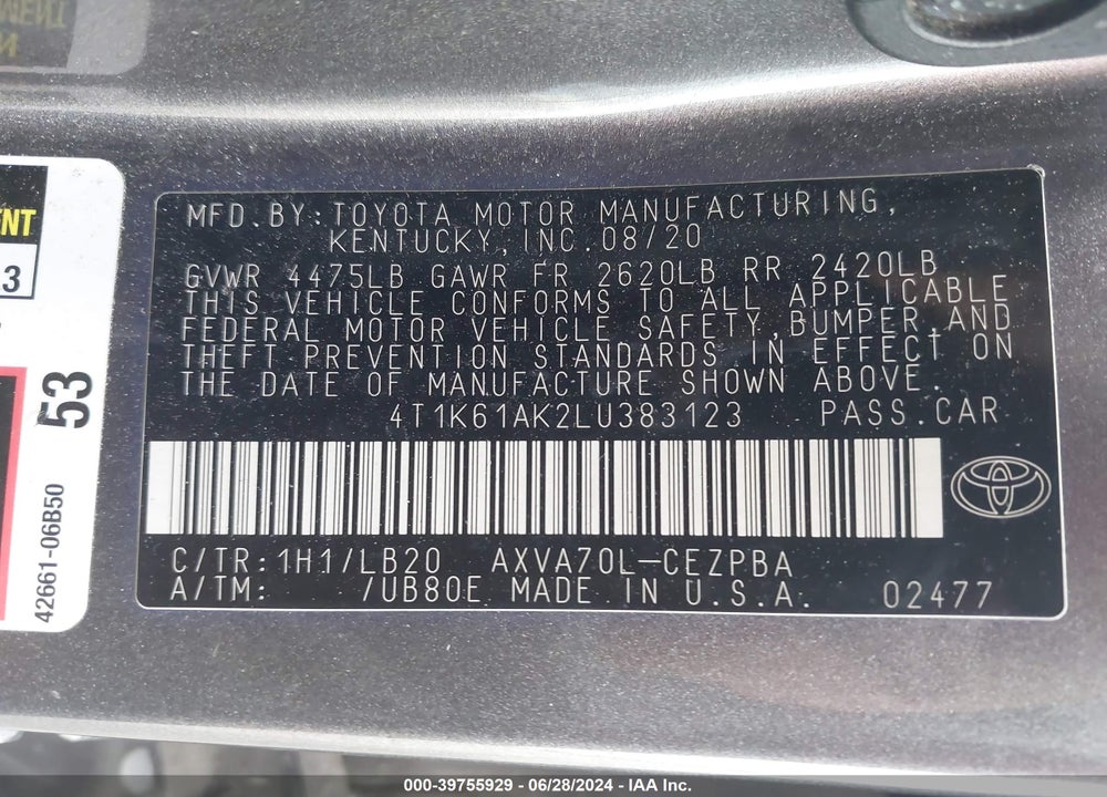 2020 TOYOTA CAMRY XSE VIN: 4T1K61AK2LU383123