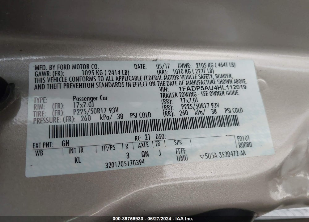 2017 FORD C-MAX HYBRID VIN: 1FADP5AU4HL112019