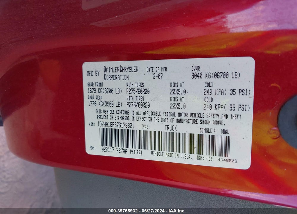 2007 DODGE RAM 1500 SLT VIN: 1D7HA18P37S178321