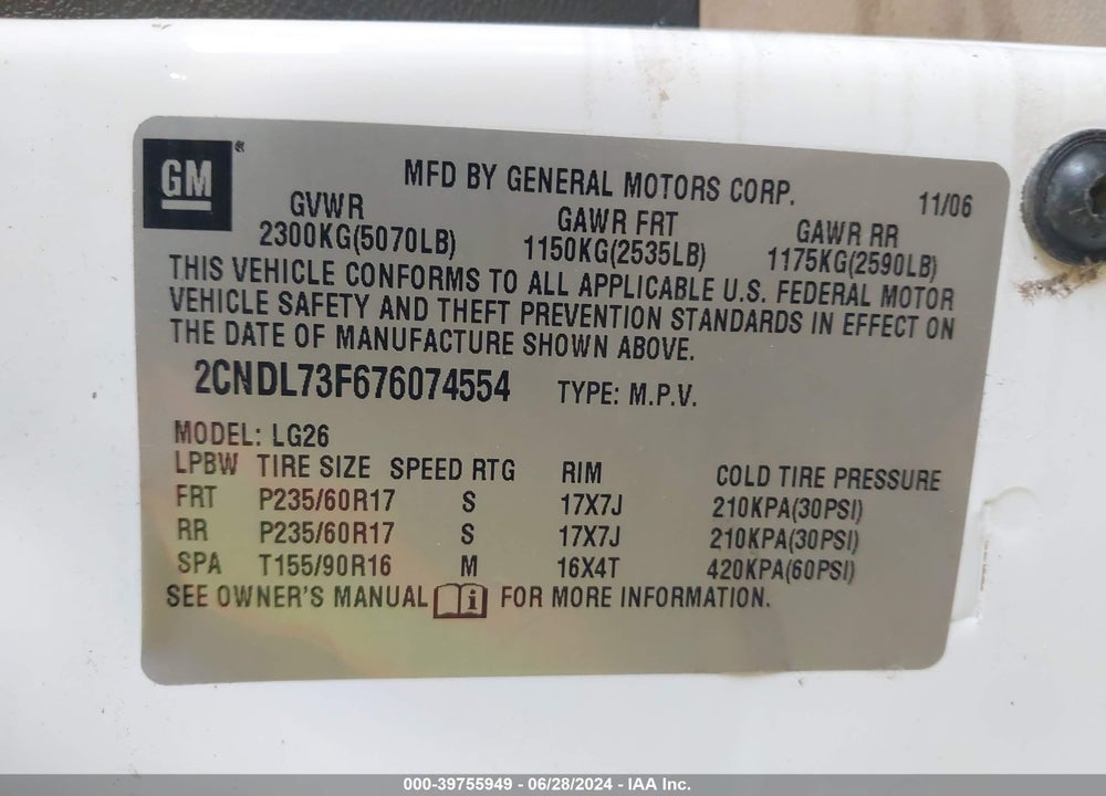 2007 CHEVROLET EQUINOX LT VIN: 2CNDL73F676074554