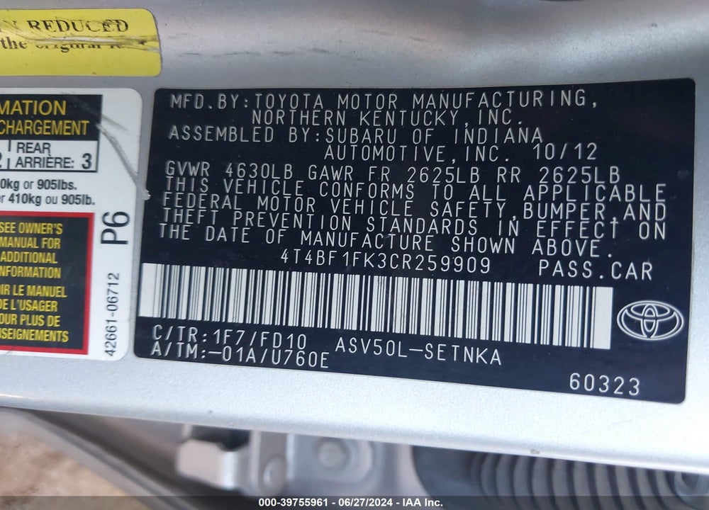 2012 TOYOTA CAMRY LE VIN: 4T4BF1FK3CR259909