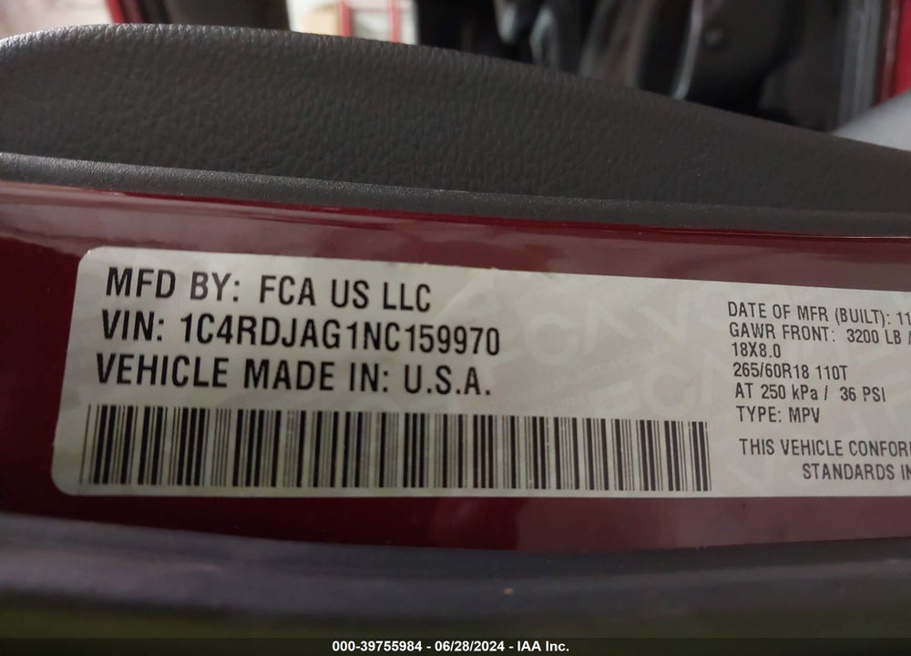 2022 DODGE DURANGO SXT AWD VIN: 1C4RDJAG1NC159970
