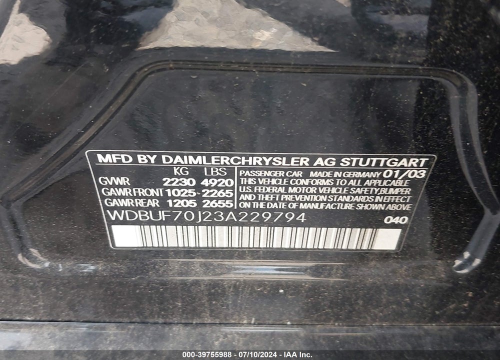 2003 MERCEDES-BENZ E 500 VIN: WDBUF70J23A229794