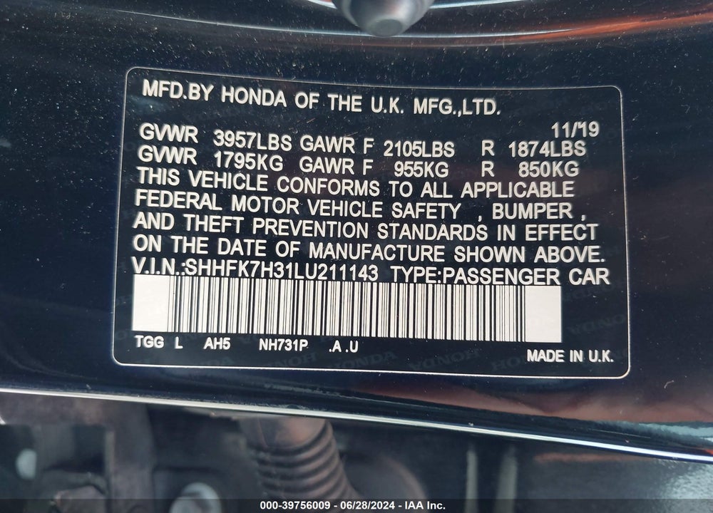 2020 HONDA CIVIC LX VIN: SHHFK7H31LU211143